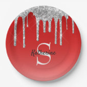 Monogram moderne Red Silver Glitter Drift Papieren Bordje (Voorkant)