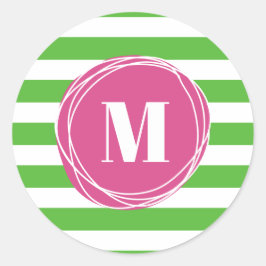 Monogram moderne roze en groene strepen ronde sticker