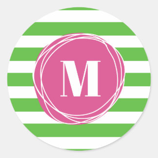 Monogram moderne roze en groene strepen ronde sticker