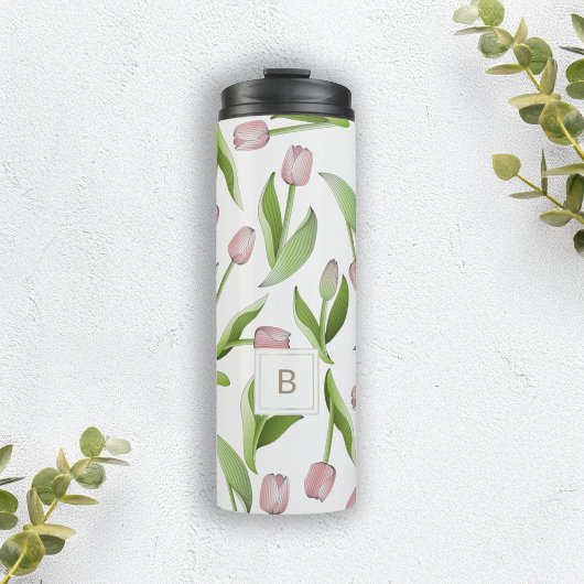 Monogram Moderne Roze Tulp Patroon Thermische Tumb Thermosbeker