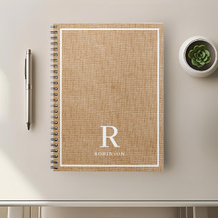 Monogram moderne Rustic Burlap Familienaam Notitieboek