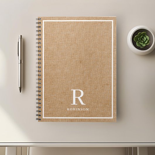 Monogram moderne Rustic Burlap Familienaam Notitieboek