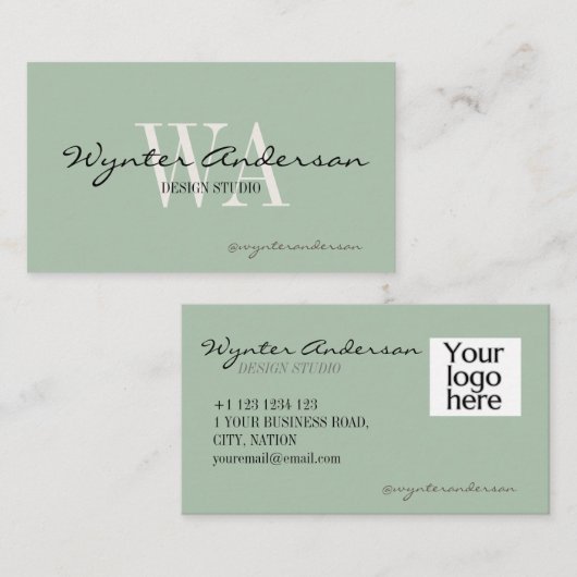 Monogram Moderne Sage Minimalistische Aangepaste L Visitekaartje (Voorkant / Achterkant)
