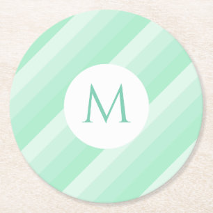 Monogram Moderne Sjabloon Mint Green Stripes Trend Ronde Kartonnen Onderzetter