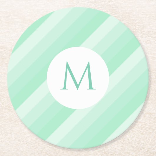 Monogram Moderne Sjabloon Mint Green Stripes Trend Ronde Kartonnen Onderzetter (Voorkant)