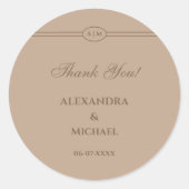 Monogram Moderne Taupe bruiloft Dank u Ronde Sticker (Voorkant)