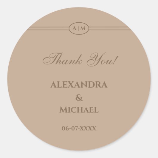 Monogram Moderne Taupe bruiloft Dank u Ronde Sticker (Voorkant)