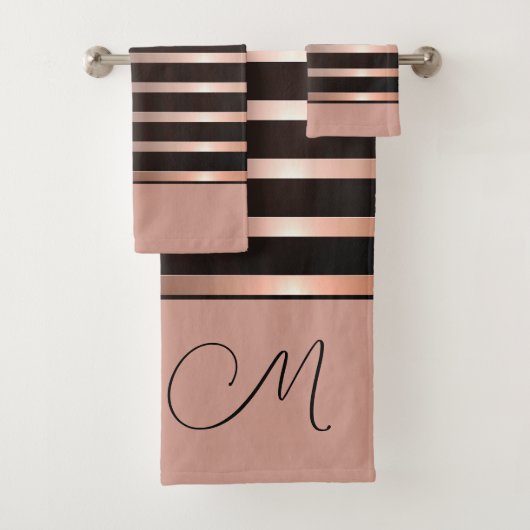 Monogram Moderne Zalm Roze Strepen op Zwart Bad Handdoek (Insitu)