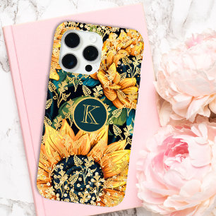 Monogram Moderne Zonnebloem Glitter Gepersonalisee iPhone 15 Pro Max Hoesje