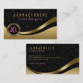 Monogram Moderne Zwart & Gouden Dynamische Lijnen Visitekaartje (Voorkant / Achterkant)