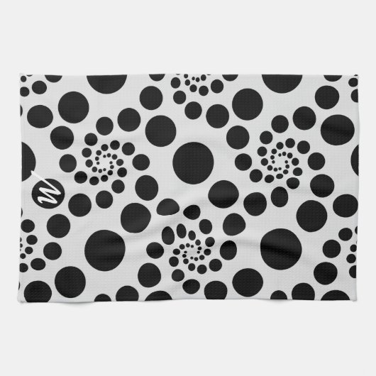 Monogram moderne zwarte en witte ronde ronde dots theedoek (Horizontaal)