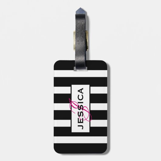 Monogram moderne zwarte en witte strepen bagagelabel (Achterkant verticaal)