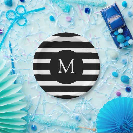 Monogram moderne zwarte en witte strepen papieren bordje (Feest)