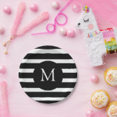 Monogram moderne zwarte en witte strepen papieren bordje (Feest)