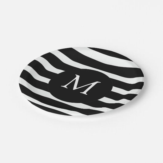 Monogram moderne zwarte en witte strepen papieren bordje (Gekanteld)