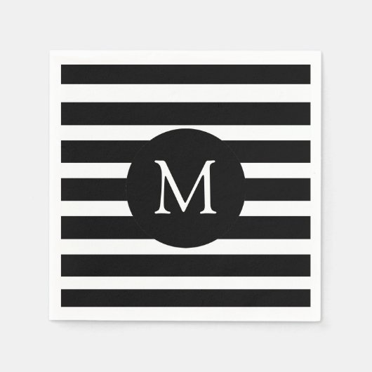 Monogram moderne zwarte en witte strepen servet (Voorkant)