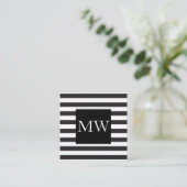 Monogram moderne zwarte witte strepen vierkante visitekaartje (Staand voorkant)