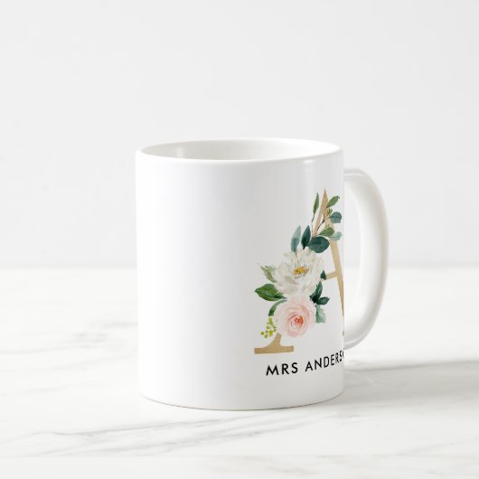 Monogram Mok, Floral Monogram A, Eigen cadeau, Gou Koffiemok (Voorkant rechts)