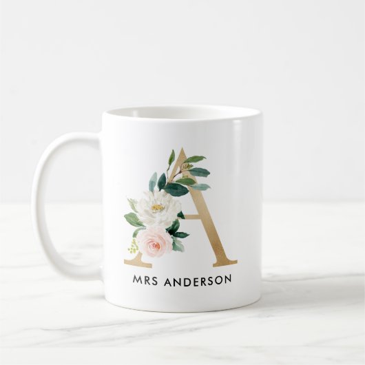 Monogram Mok, Floral Monogram A, Eigen cadeau, Gou Koffiemok (Links)