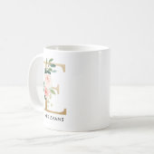 Monogram Mok, Floral Monogram E, Eigen cadeau, gou Koffiemok (Voorkant links)