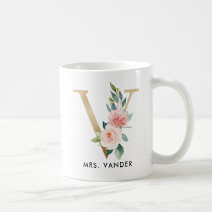 Monogram Mok, Floral Monogram V, Douane Gift, Goud Koffiemok