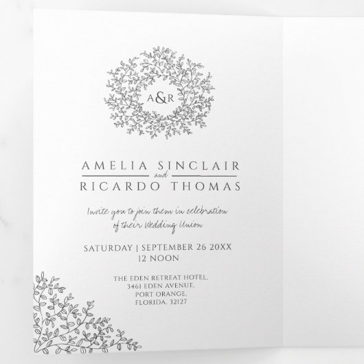 Monogram mono verlaat de bruiloft helemaal in één drieluik uitnodiging (Binnenzijde eerst)