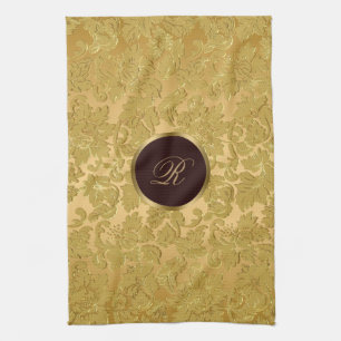Monogram Monochromatische Gouden Bloemen Damasks Theedoek