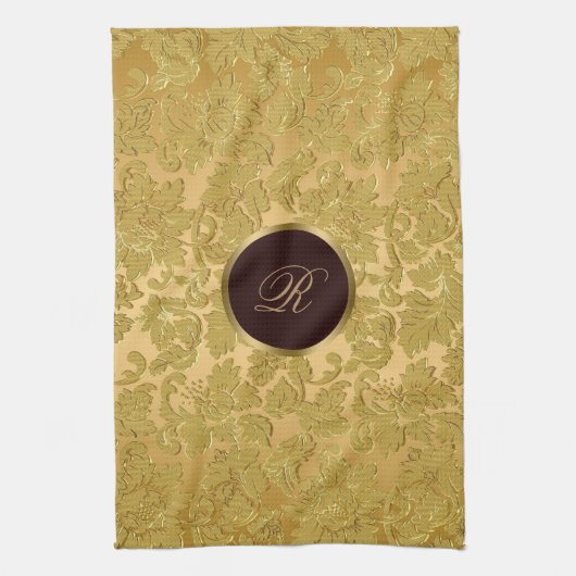 Monogram Monochromatische Gouden Bloemen Damasks Theedoek (Verticaal)
