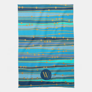 Monogram Monochrome Blau Golf Streep Nep Goud Stip Theedoek