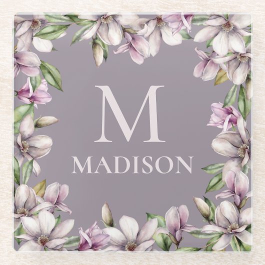 Monogram Monogrammen Magnolia Floral Glazen Onderzetter (Voorkant)