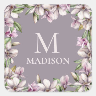 Monogram Monogrammen Magnolia Floral Vierkante Sticker