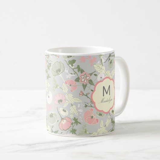 Monogram monogrammen roze groene bloemen koffiemok (Voorkant rechts)