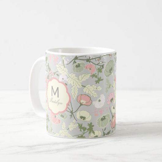 Monogram monogrammen roze groene bloemen koffiemok (Voorkant links)