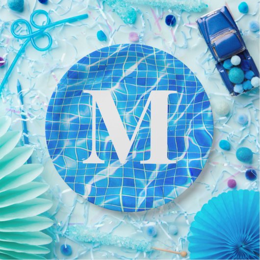 Monogram Monogrammen zwemmen Blauwe Pool Aquatisch Papieren Bordje (Feest)