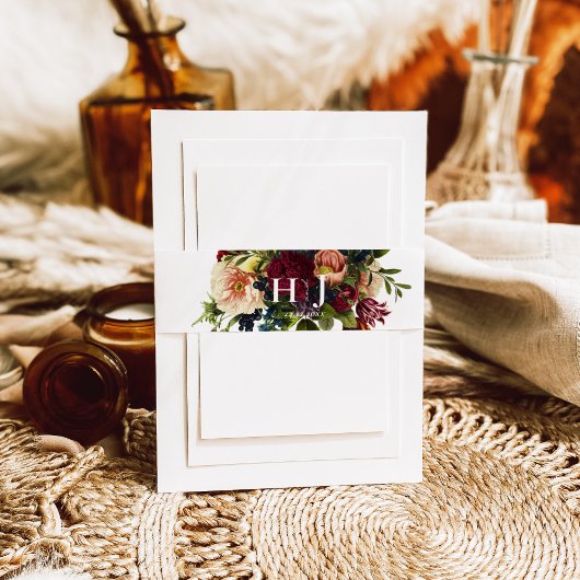 Monogram Moody Bourgogne juweel Bloemenbruiloft Uitnodigingen Wikkel