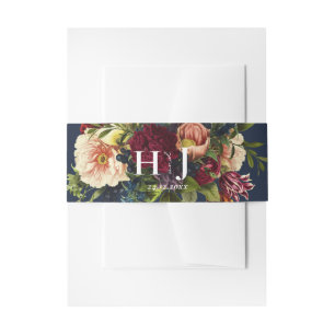 Monogram Moody Bourgogne Marine Bloemen Bruiloft Uitnodigingen Wikkel