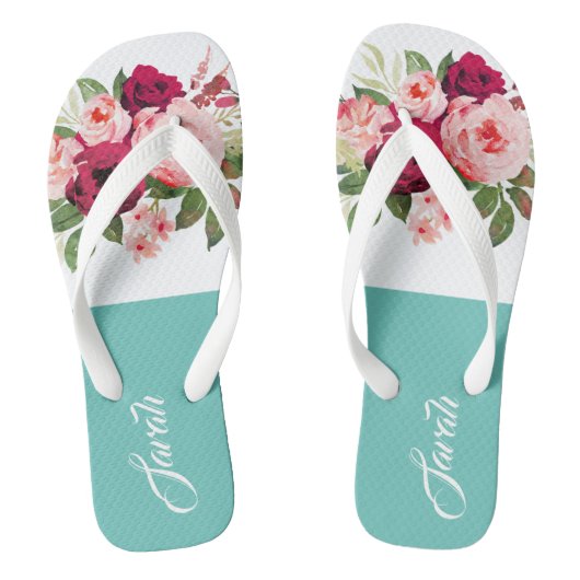Monogram mooie waterverf bloemenblauw Bourgogne Teenslippers (Voetbed)