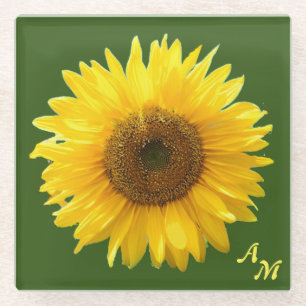 Monogram & mooie zonnebloem in groen bos glazen onderzetter