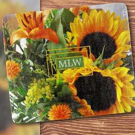 Monogram, mooie zonnebloemen Print Glass Snijplank