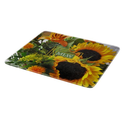 Monogram, mooie zonnebloemen Print Glass Snijplank (Hoek)
