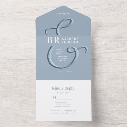 Monogram mosterdblauw huwelijk in één uitnodiging (Binnen)