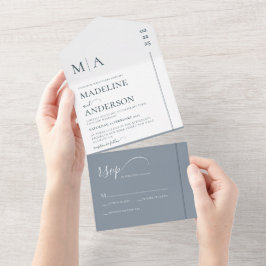 Monogram mosterdblauw met bovenliggend fotohuwelij all in one uitnodiging