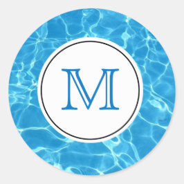 Monogram mousserend blauw zwemwater ronde sticker