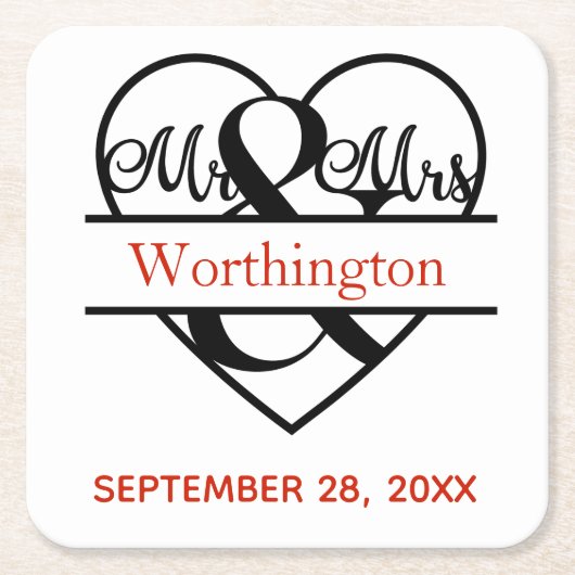 Monogram Mr en Mrs Red Black Wedding Kartonnen Onderzetters (Voorkant)