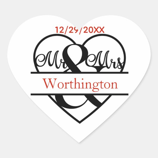 Monogram Mr. en Mrs. Trouwcadeaustickers Hart Sticker (Voorkant)