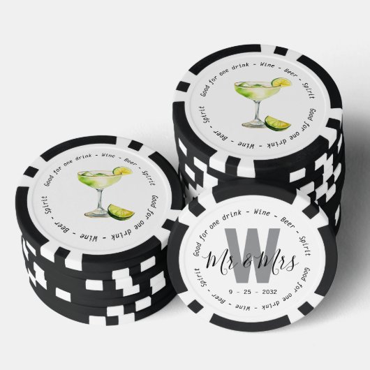 Monogram Mr. Mrs Margarita Drink Voucher Trouwen Poker Chips (Opstapeling)