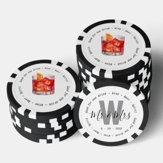 Monogram Mr. Mrs. Negroni Drink Voucher Trouwen Poker Chips (Opstapeling)