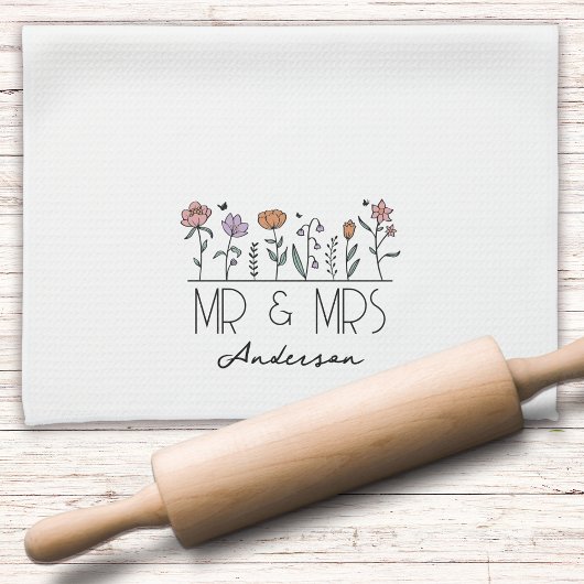 Monogram Mr. & Mrs Wildflower Passen getrouwd Theedoek