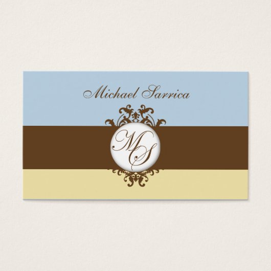 Monogram MS Brown Damask Blue Cream Cadeau Label Visitekaartje (Voorkant)