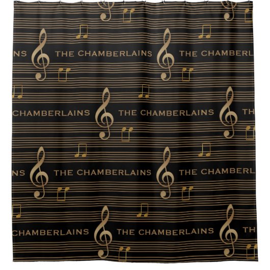 Monogram Muted Gold Treble Clef and Notes Douchegordijn (Voorkant)
